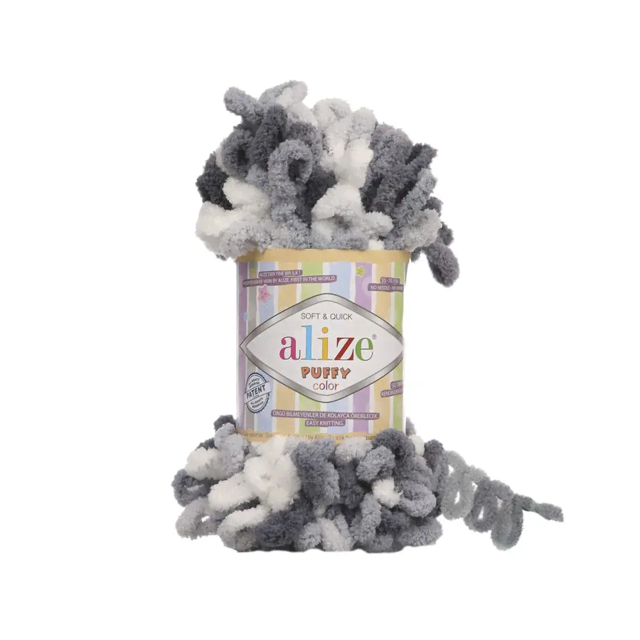 Пряжа Alize Puffy color (5925) угольно-серый-белый